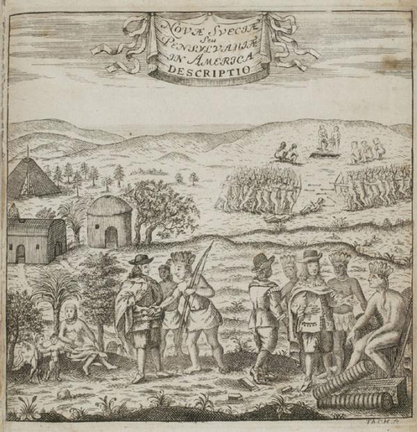 In this 1702 engraving, Swedish artist Thomas Campanius Holm depicted a friendly exchange between local Indians and traders in New Sweden, on the Delaware River.   
